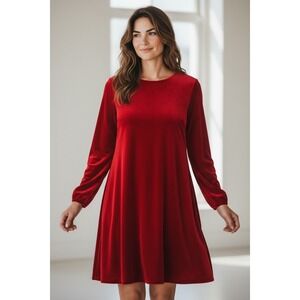 Eileen Fisher Large Ruby Red Crew Neck Long Sleeve Velvet Knee Length Dress NWT‎